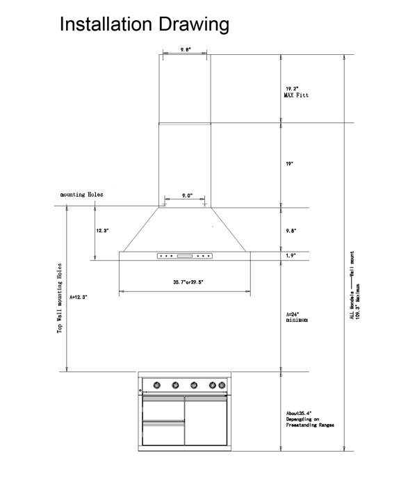 EKON KITCHEN EXPERT Stainless Steel 900 CFM Convertible Wall Range Hood